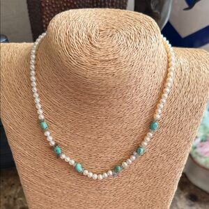 Elegant white Pearl and Turquoise Necklace Gerard Tosca New York